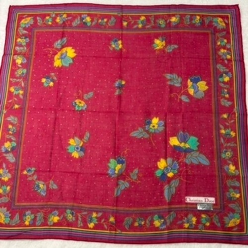 VTG CHRISTIAN DIOR Scarf Handkerchief Floral Red 18.5in